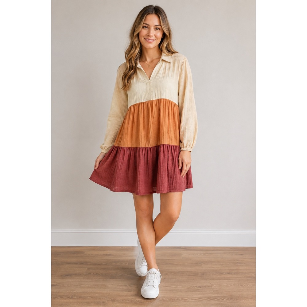 Umgee‎ USA Tiered Babydoll Dress Tunic Top Medium Multicolor Long Sleeve Cotton